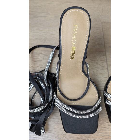 Fashion Nova Heels Sandals 6 Black Rhinestone Platform Wrap Strappy Party Club - Picture 6 of 12